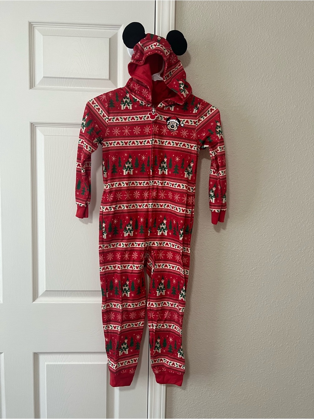 Disney Parks Mickey Mouse Christmas Hooded One Piece Fair Isle Pajamas Size 5/6